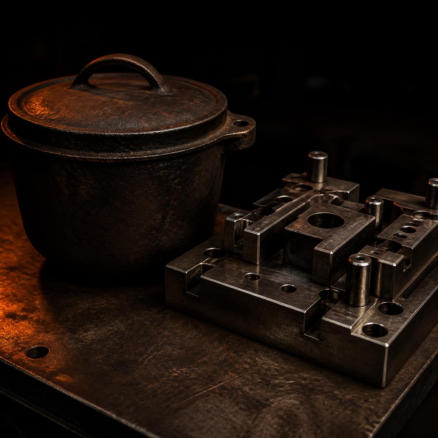 An old cast iron pot beside a precision machined steel fixture